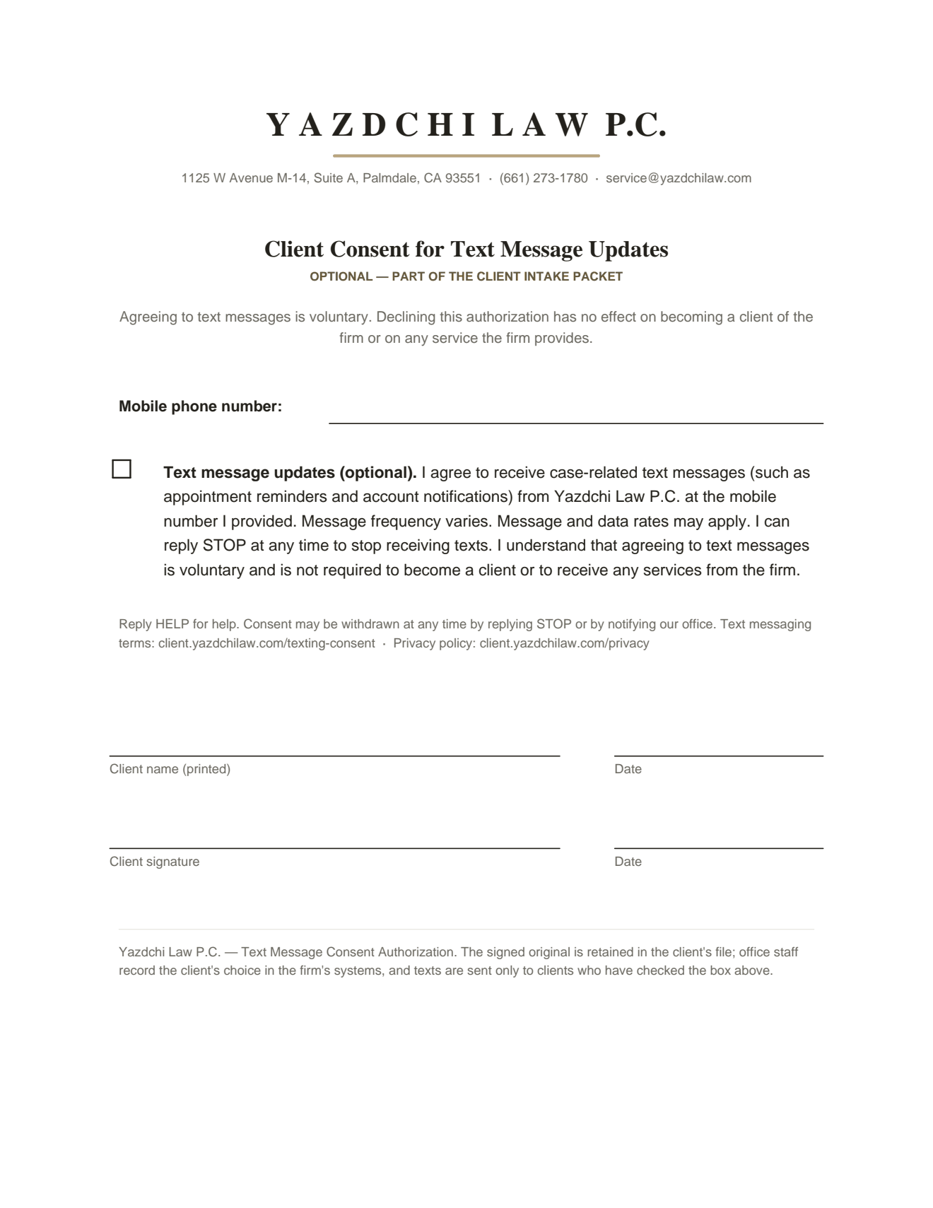Yazdchi Law P.C. — Client Consent for Text Message Updates: the optional intake-packet form with the consent checkbox, mobile number line, and client name, signature, and date lines